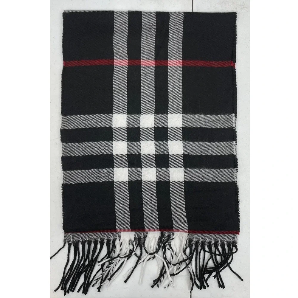 Dillards Plaid Fringe Scarf Black Gray Red‎ Tartan Nova Check Winter Wrap Unisex